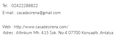 Casa De Sirena Boutique Hotel telefon numaralar, faks, e-mail, posta adresi ve iletiim bilgileri